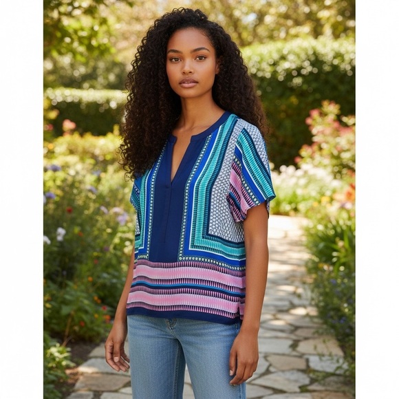 NWT Scarf Print Short-Sleeve Blouse by Fun 2 Fun navy pink teal satin Stitchfix - Picture 2 of 16